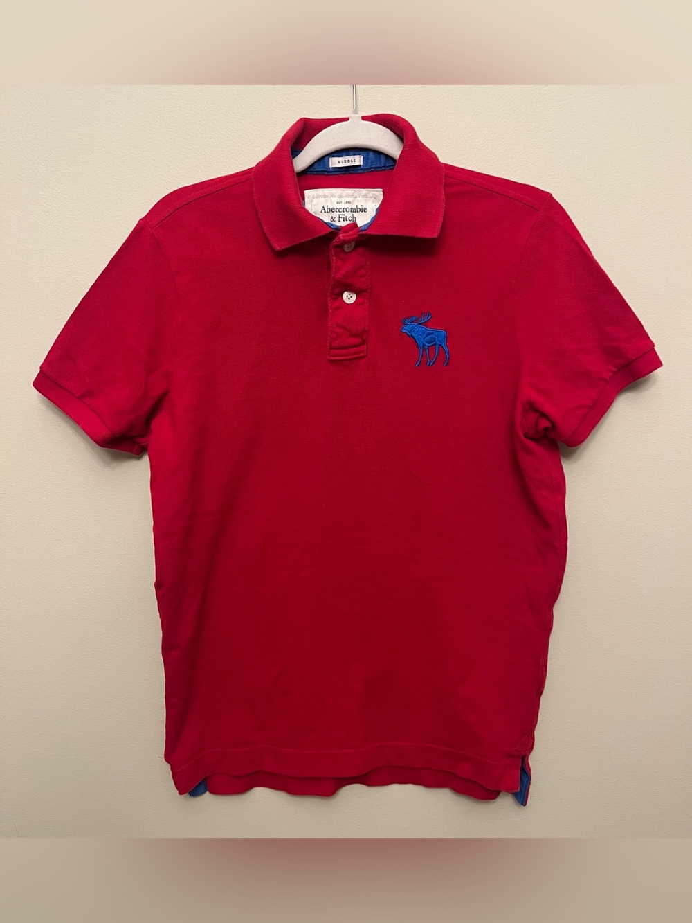 Abercrombie & Fitch Y2K Muscle Polo Men's Size Large Red Blue Embroidered Moose